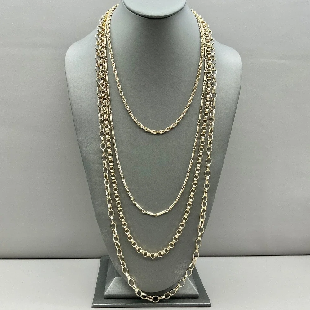 Multi Strand Layered Necklace Women Gold Tone Mixed Chain Links Textured Clasp
